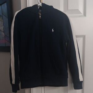 Polo Ralph Lauren Navy Blue Zip-Up Hoodie with White Stripes